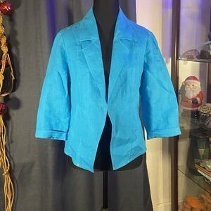 Chico's sz 0 Open Front 3/4 Sleeve Linen Jacket Blazer Turquois
